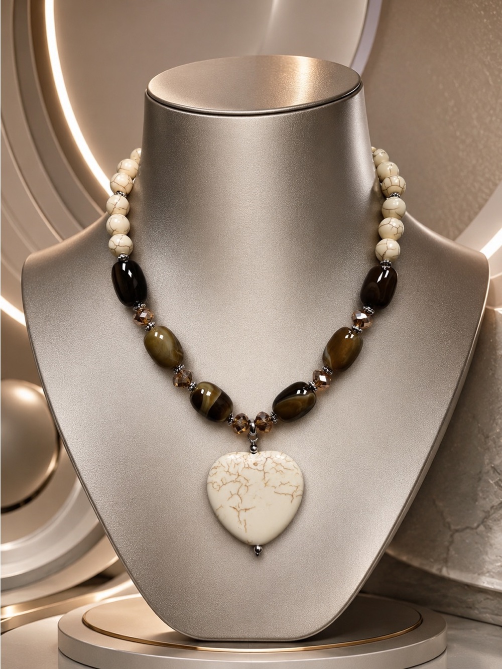 🆕😍Howlite Semi Precious Heart Pendant Necklace with Brown Agate Stones